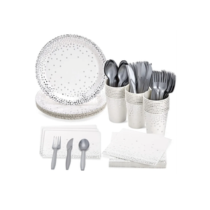 Juvale 144 Piece Silver Party Supplies for Wedding, Birthday - Silver Table Decorations with Plates, Napkins, Cups, and Cutlery (Serves 24) - Plates And Napkins Party Supplies