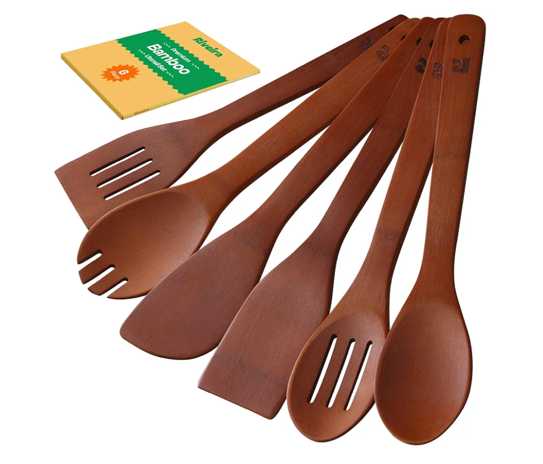 Pack Of 2 Riveira Premium Brown Bamboo Wooden Spoons for Cooking Set of 6 – Premium Brown Bamboo Wooden Cooking Utensils, Wooden Spatula, Wooden Spoon - Premium Quality Wooden Utensil Set for Non-Toxic Cooking