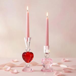 2 Pcs Heart Cut Glass Candle Holders Valentine's Day Decorative Candlestick Holders 6.7" 8.9" Tapered Candle Stand Wide Base Table Centerpiece Decor for Wedding Christmas Holiday Decoration