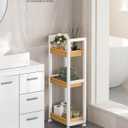 SONGMICS Bamboo Rolling Cart, 3-Tier Utility Cart on Wheels, Slim Narrow Storage Shelf, Bamboo Shelves, Space-Saving, Multifunctional, for Bathroom, Kitchen, White and Natural UBCB083N02