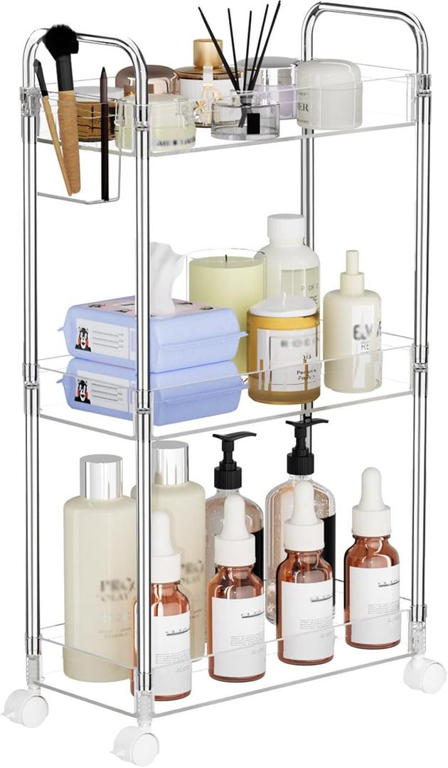 SPACEKEEPER 3 Tier Acrylic Storage Rolling Cart Clear Bathroom Cart Organizer, Transparency Laundry Room Organization Mobile Shelving Unit Multifunction Rolling Utility Cart for Office Living Room