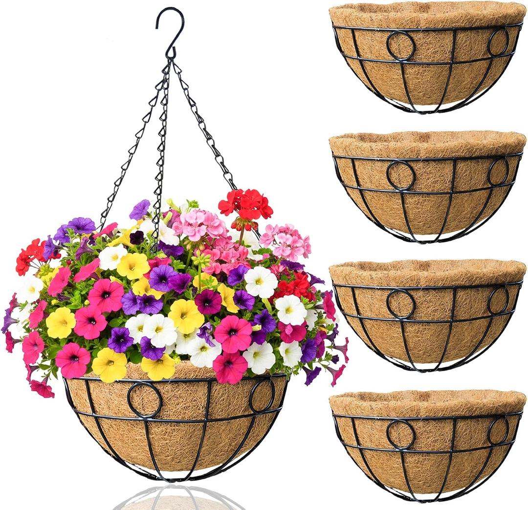 4 Pack 14 Inch Hanging Baskets for Plants Outdoor Metal Hanging Planters with Coco Coir Liner Round Wire Plant Holder Hanging Flower Pots for Outdoor Patio Lawn Balcony Garden Decor - Circular