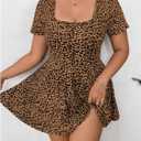 Floerns Women's Plus Size Leopard Print Dress Square Neck Short Sleeve A Line Dress with Built in Shorts