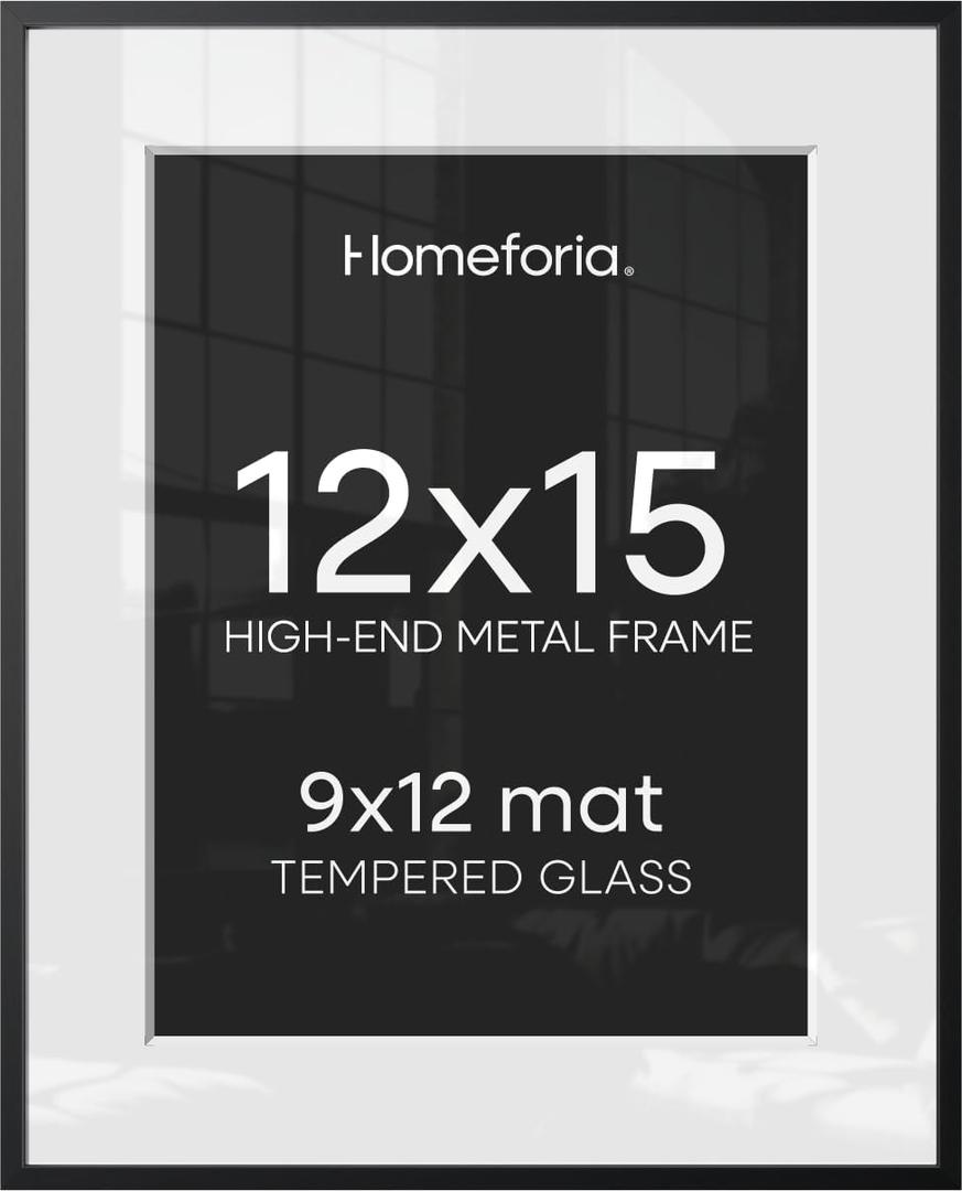 Homeforia 12x15 Black Picture Frame, High-End Metal, 9x12 Mat, Glass | High End Aluminum, Tempered Glass, Acid-Free 9x12 Removable Mat, 12x15 in Edge-to-Edge Display 15x12, Wall Kit, Set Of 1