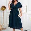 Womens Plus Size Dress Wedding Guest Cocktail Pleated V Neck Faux Wrap V Neck Flowy A Line Midi Dresses with Belt (XL)
