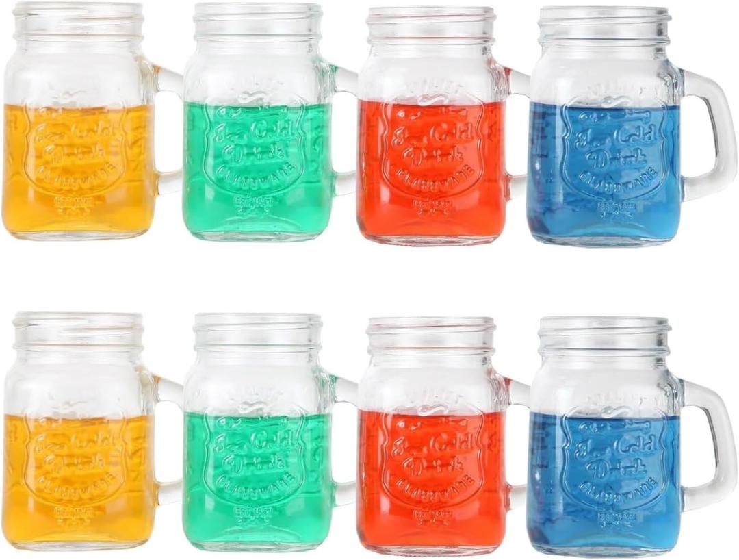 Lily's Home Mini 3.7 Oz Mason Jar Shot Glasses With Handles, Just Like the Real Deal Except Smaller, A Funny Gift and Conversation Piece at BBQs and Parties, Clear (3.25" x 1.75", Set of 8)