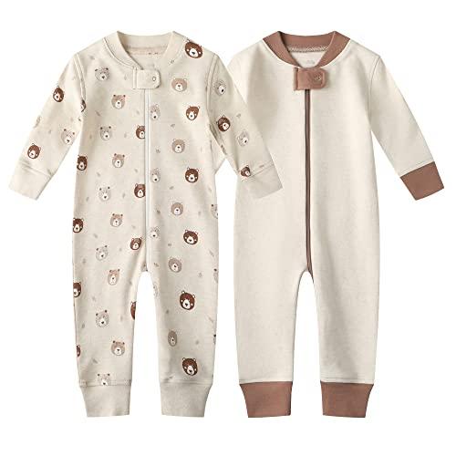 Owlivia Organic Cotton Baby Boy Girl Zip up Sleep N Play, Footless, Long Sleeve(3-6 Months, Mini Bears&Beige)