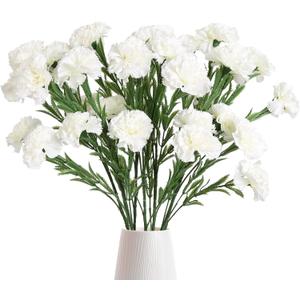 IPOPU White Carnations Artificial Flowers 6PCS 30 Heads Silk Carnations 27.56in Artificial Flowers with Stems for Wedding Home Centerpieces Floral Arrangements(White)