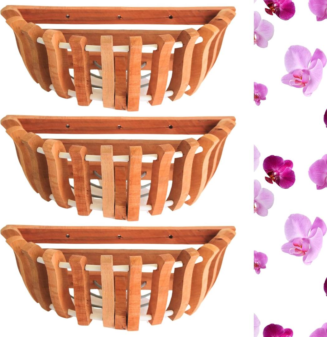 3 Wooden Orchid Wall Planters, Plant Baskets for Wall Mounting (Wall Baskets), 11 inches wide, 5.5 inches long, 3.5 inches high