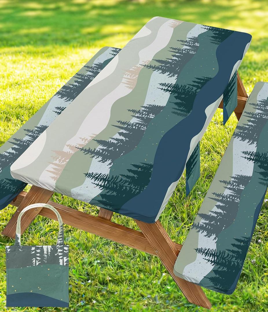 Picnic Table Cover with Bench Covers Waterproof Elastic Rectangle Tablecloth Camping Essentials Supplies Rv Car Travel Must Haves Gear Accessories Fitted Table Cloth Outdoor Road Trip Camper Gifts 6ft
