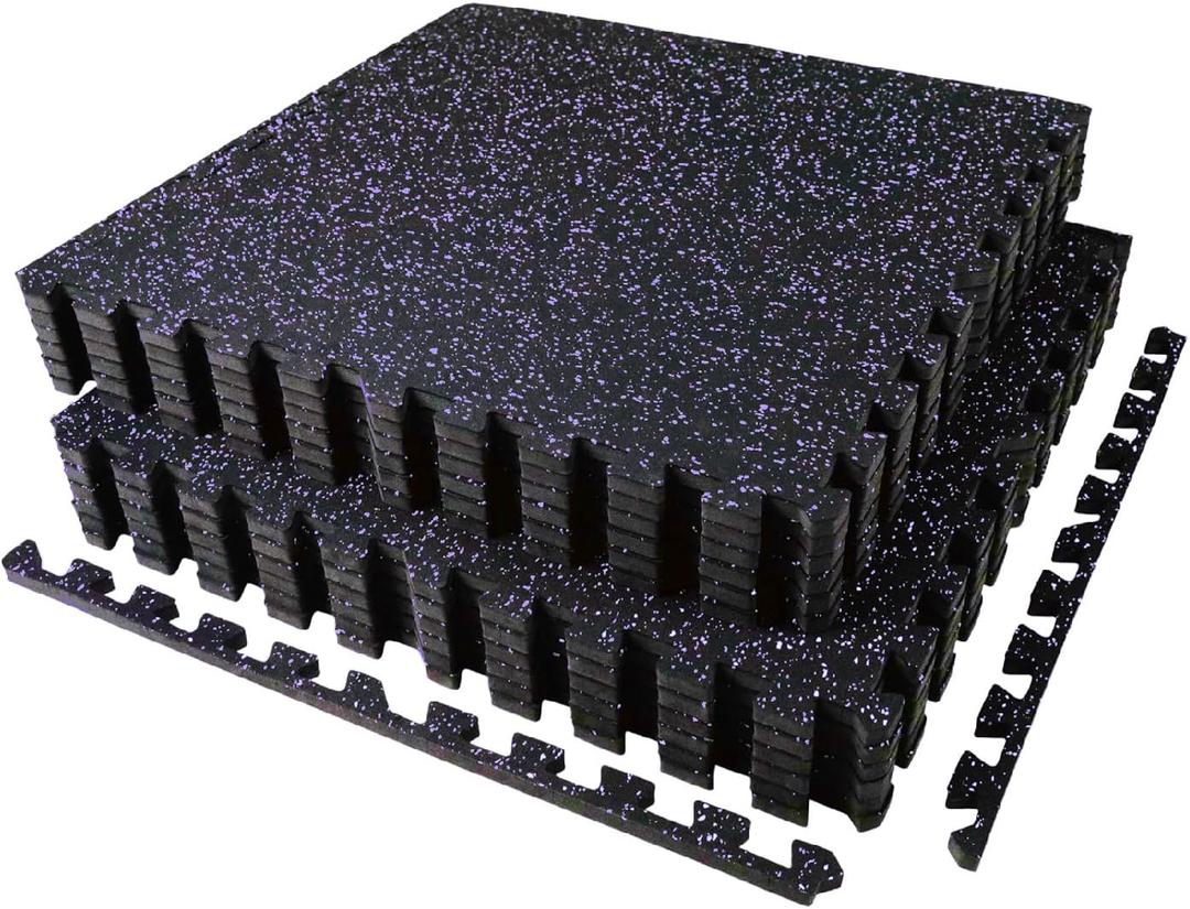 AIRHOP 0.56in Thick 48 Sq Ft Exercise Equipment Mats, 12 Tiles Upgraded Rubber Top with High Density EVA Foam, Large Interlocking Puzzle Gym Flooring for Home Gym, Heavy Weight Workout, 24 x 24in (Black/Purple)