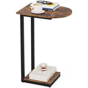 Hosfais Side Table Small End Table, C-Shaped Wood Sofa Table with Metal Frame for Living Room, Bedroom, Small Spaces (Rustic Brown)