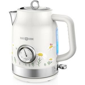 Retro Electric Kettle, PARIS RHNE 1.7L Hot Tea Kettle with Thermometer, 1500W Fast Heating, Cordless Design, LED Indicator, Auto Shut-Off & Boil Dry Protection (White)