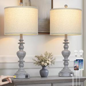 27" Tall Table Lamps for Living Room, 3-Way Dimmable Touch Control Farmhouse Vintage Table Lamps Set of 2 with USB C+A Ports and AC Outlets, Rustic Bedside Nightstand Lamp for Bedrooms Office Grey
