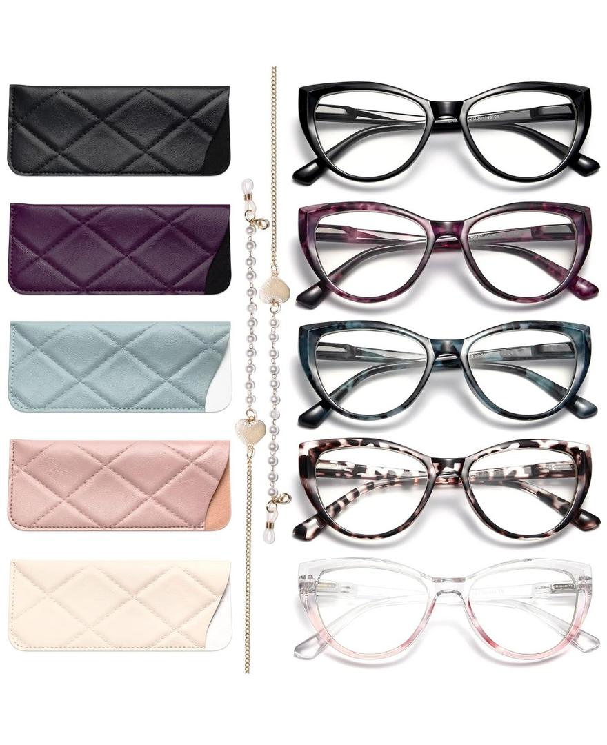Gaoye 5 Pack Fashion Cat Eye Reading Glasses for Women, Computer Blue Light Readers Anti Glare With Eyeglasses Chain (A 5 PACK MIX, 3.0, multiplier_x)