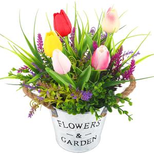 Spring Flower Table Centerpiece, 10" Tall Fake Tulips Lavender in Vase Farmhouse Floral Arrangement Artificial Potted Plants for Rustic Home Office Patio Decor Mother Gift