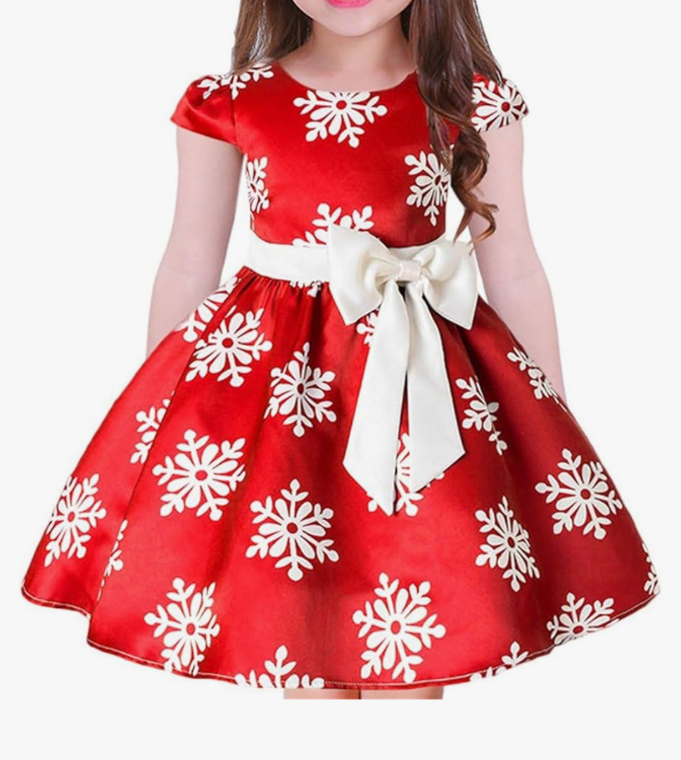 Toddler Baby Girls Christmas Dress Snowflake Print Wedding Formal Birthday Party Dresses with Bowknot Belt, Size 130