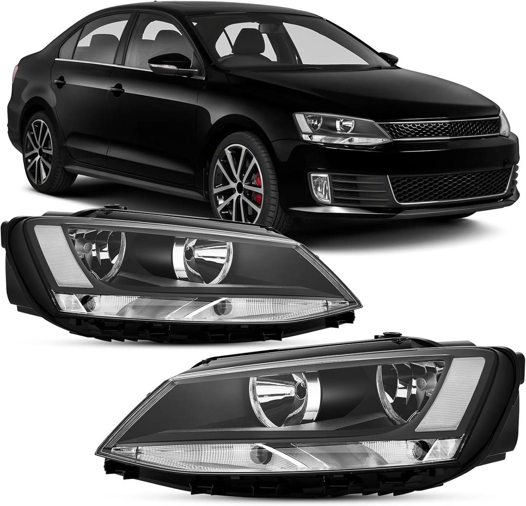 Headlights Assembly Compatible With 2011-2018 VW Jetta MK6 Clear Lens Black Housing Clear Reflector Halogen Headlamp Assembly, 1x Pair,  Halogen-Black Clear