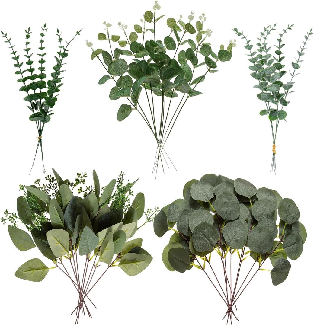 Cliselda 40 Pcs Artificial Eucalyptus Leaves Stems, 5 Kinds Mixed Fake Greenery Stems Bulk, Silver Dollar Eucalyptus Stems Bundle Faux Greenery Branches for Wedding Floral Arrangement Centerpiece