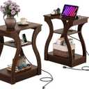 WLIVE End Tables Living Room Set of 2, Cherry Side Tables with Charging Station, Nightstand for Bedroom, 3 Tier End Table with Storage Shelf, Side Table Set of 2 for Living Room, Cherry