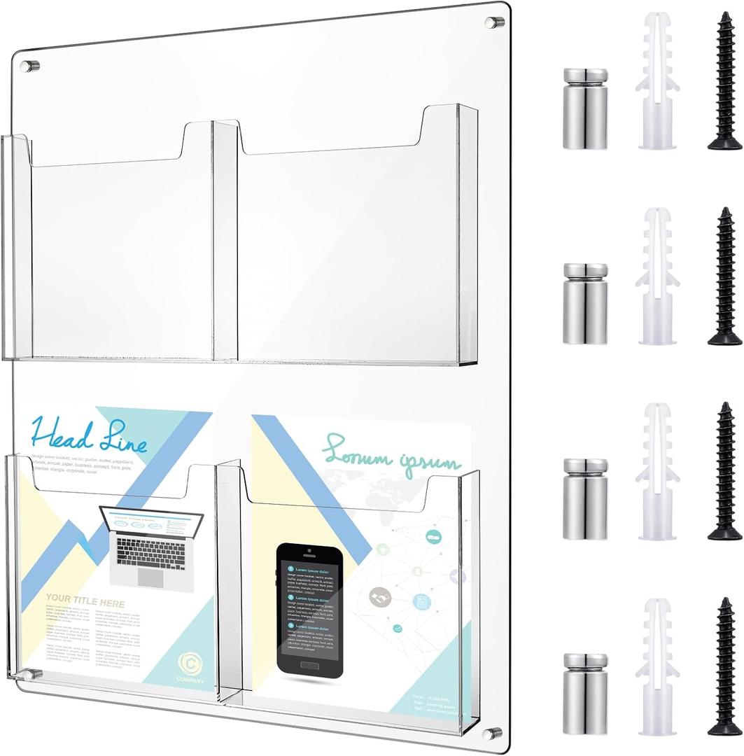 Yousoontic 4 Pocket Pamphlet Holder Wall Mount Acrylic Brochure Holder Plastic Trifold Multi Slot Flyer Rack Clear Literature Rack Magazine Literature Display Wall Hanging Organizer for Office