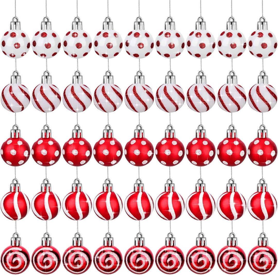 Haull 50 Pcs 1.18 Inch Red and White Christmas Balls Ornaments Mini Hanging Christmas Tree Decorations Small Xmas Balls Decorative Ornaments with Hanging Loop for Holiday Wedding Party