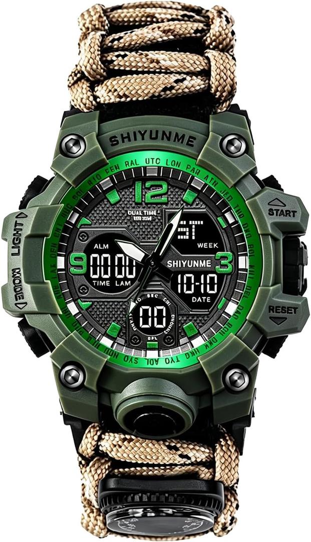 Multi Functional Outdoor Living Chain Torch, Compass, Watch, Thermometer, First aid Whistle and Knife/Scraper, Year/Month/Day Display, Alarm Reminder Waterproof Function