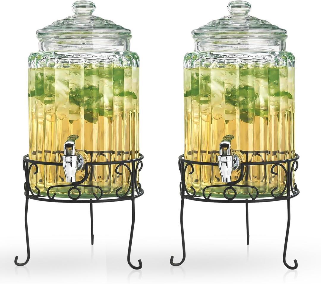 2 PACK 1.5 Gallon Drink dispenser, Glass Beverage Dispenser With Elegant Stand Stand, Drink Dispensers for Parties With Spigot 100% Leakproof. Perfect For Parties And Daily Use