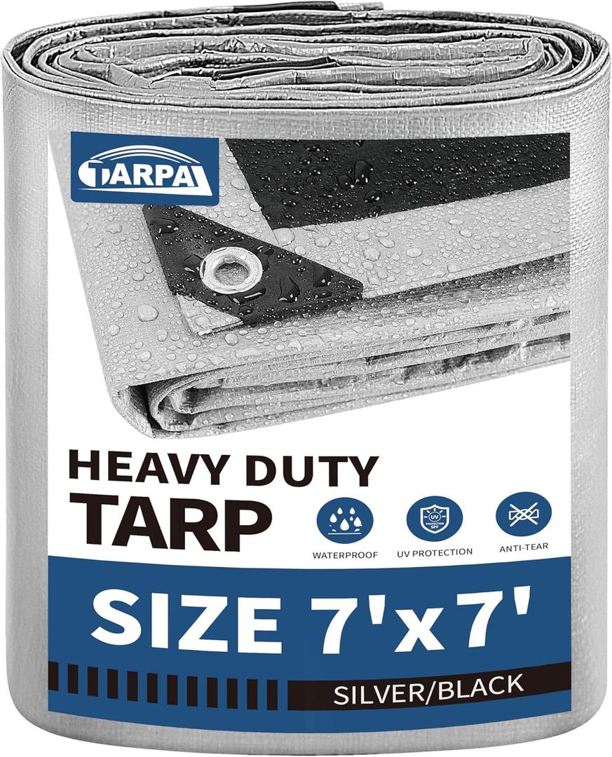 TARPAL 7x7 Tarps Silver 10.5Mil Multipurpose Protective Cover Heavy Duty Tarp UV Resistant Waterproof, Lightweight, Durable Reinforced Edges