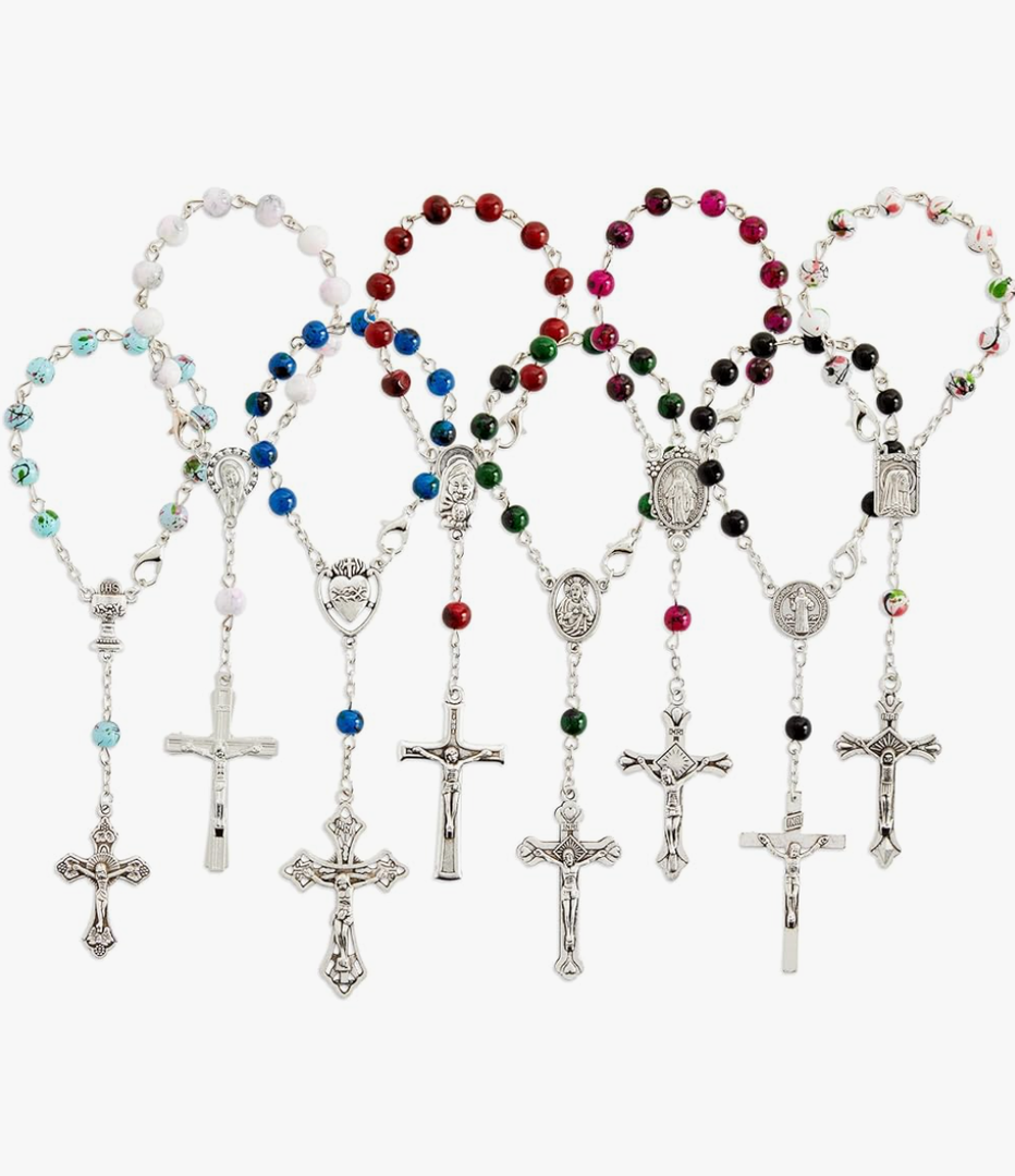 Juvale 24 Pack Small Catholic Rosary Bracelet for Women and Men - Prayer Beads for Baptism Christening, Prayer Room, Altar, (8 Colors & Crucifix Designs) - Rosary Beads Bracelet