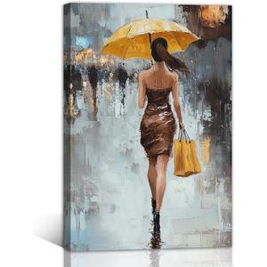TIEHAOMAI Girl with Yellow Umbrella Wall Art Lady Artwork Posters Street Woman Pictures Contemporary for Bedroom DecorPortrait-3,16x24inch (40x60cm)