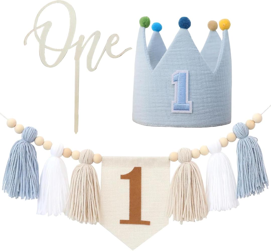 Baby First Birthday Party Decorations Blue High Chair Banner Crown Cake Topper First Birthday Party Decorations