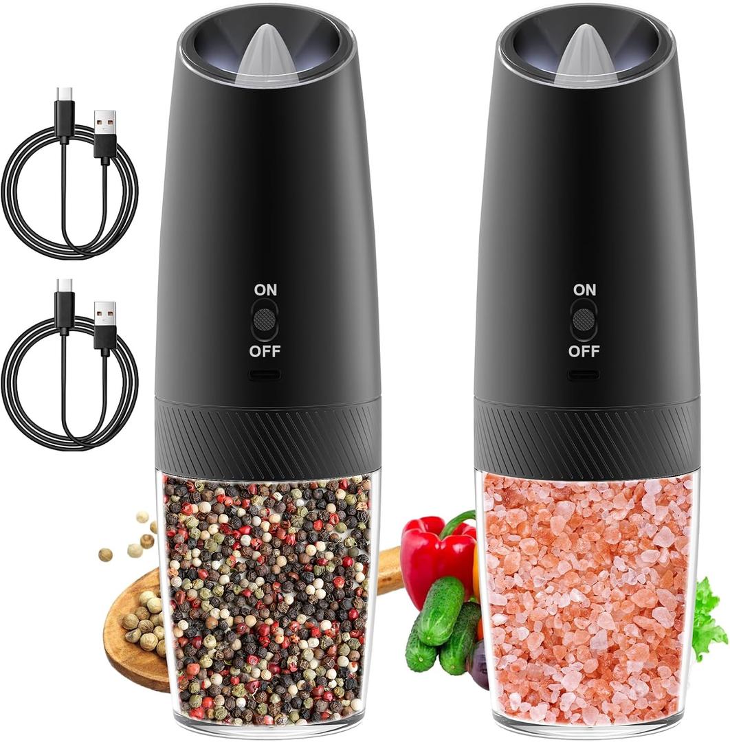 Electric Salt and Pepper Grinder Set Rechargeable Gravity Pepper and Salt Mill Grinder Set Type-C Fast Charging, Adjustable Coarseness, Large Capacity with LED Light (Black-2pcs)