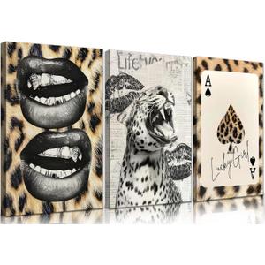 3Pcs Trendy Cheetah Roaring Canvas Wall Art Leopard Lucky Girl Poker Lips Painting Picture Wall Decor Funky Preppy Poster Print Artwork for Bedroom Girly Room Living Room Apartment Home Decoration (24L"16W" Canvas)