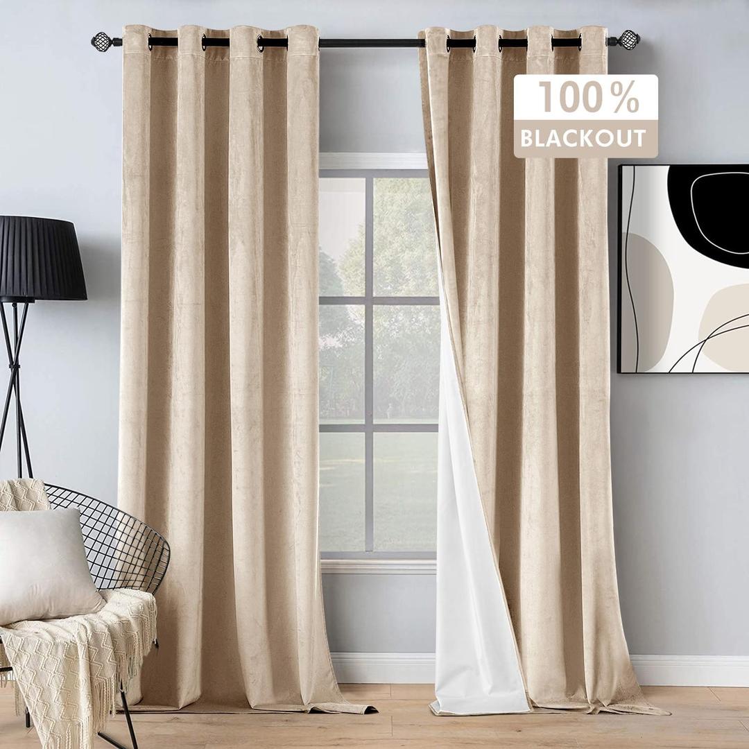 MIULEE 100% Blackout Velvet Curtains 84 Inches Long Beige Curtains Black Out Curtains for Bedroom Windows Drapes for Luxury Living Room Darkening Thermal Insulated Grommet Light Blocking Set of 2 (52"W x 84"L (Pack of 2))