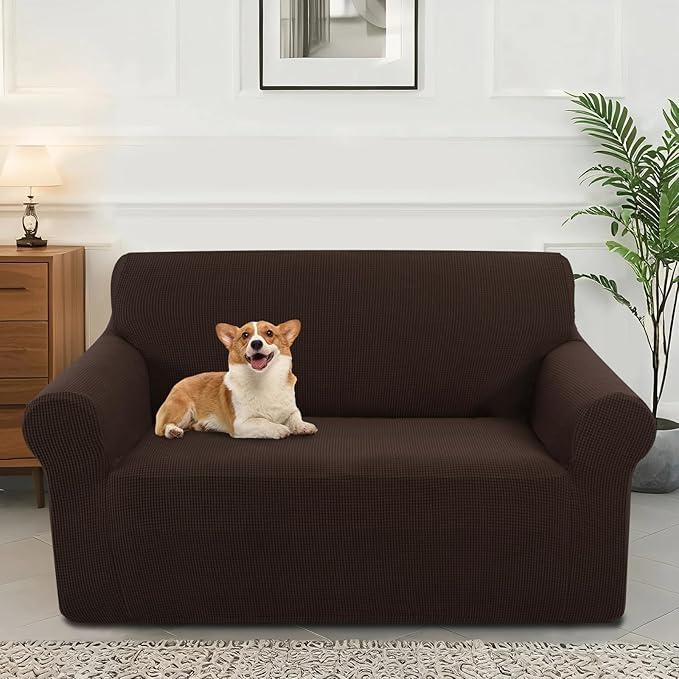 Stretch Couch Cover Washable Sofa Slipcover Furniture Protector with Non Skid Foam and Elastic Bottom for Kids, Dog(Loveseat/Chocolate)