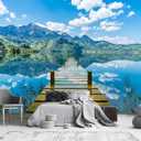 YQWDMX - Blue Sky White Clouds Wooden Bridge Lake Scenery Wallpaper for Bedroom (Not Peel and Stick) S 100"Wx73"H