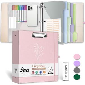 3 Ring Binder, 2 Inch Linen Binders Organizer for Letter Size (8.5" x 11") Paper with 5-Tabs Pockets Dividers, BVSSX Leather Three Ring Binders with Clipboard, Plastic Folder, Pen Loop - Pink Tulips