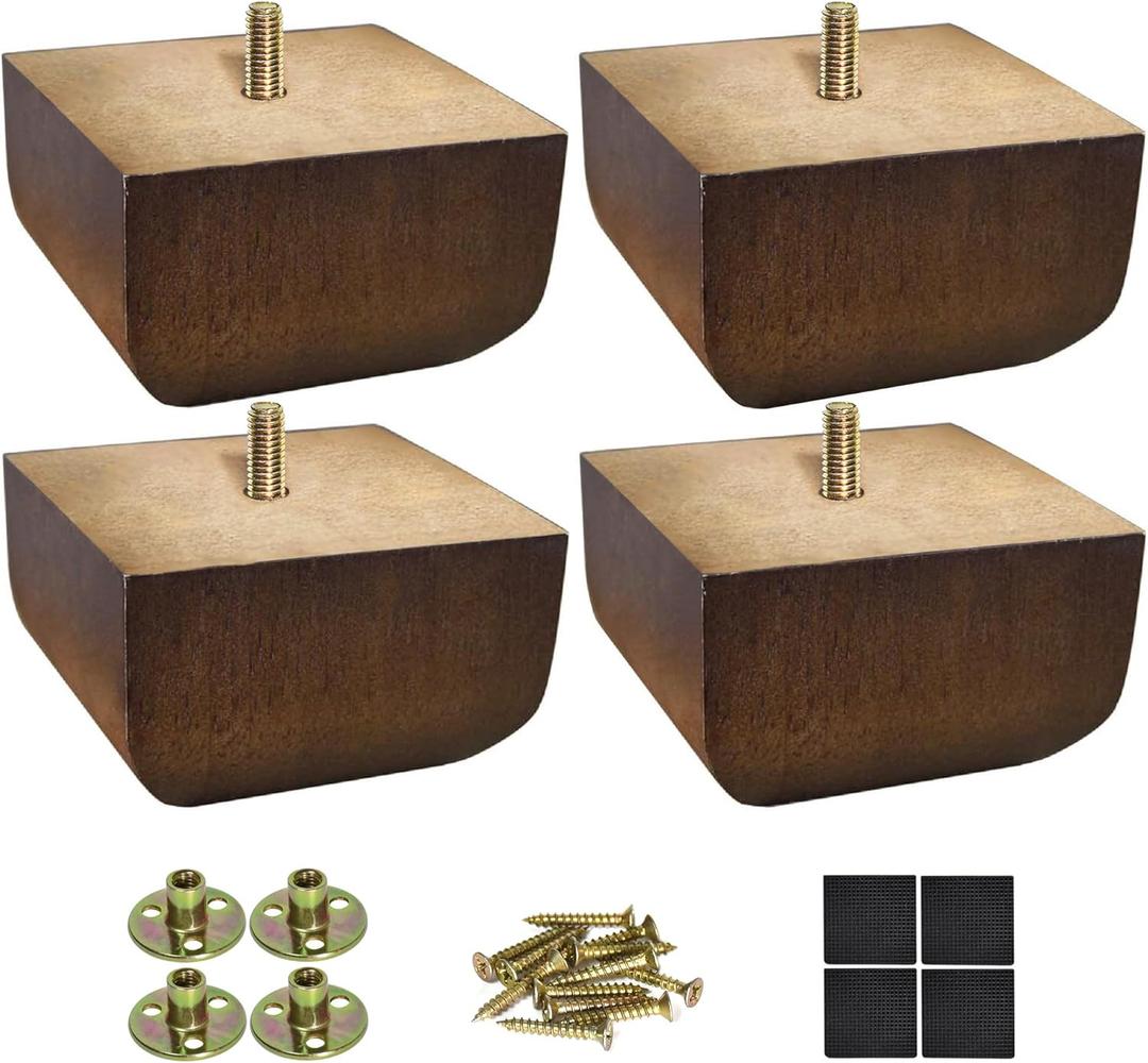 Sofa Legs Square Bed Feet 2 inch Wood Replacement Leg for Furniture Set of 4, Dark Brown (2 inch (4pcs) Standard (With hanger bolt))