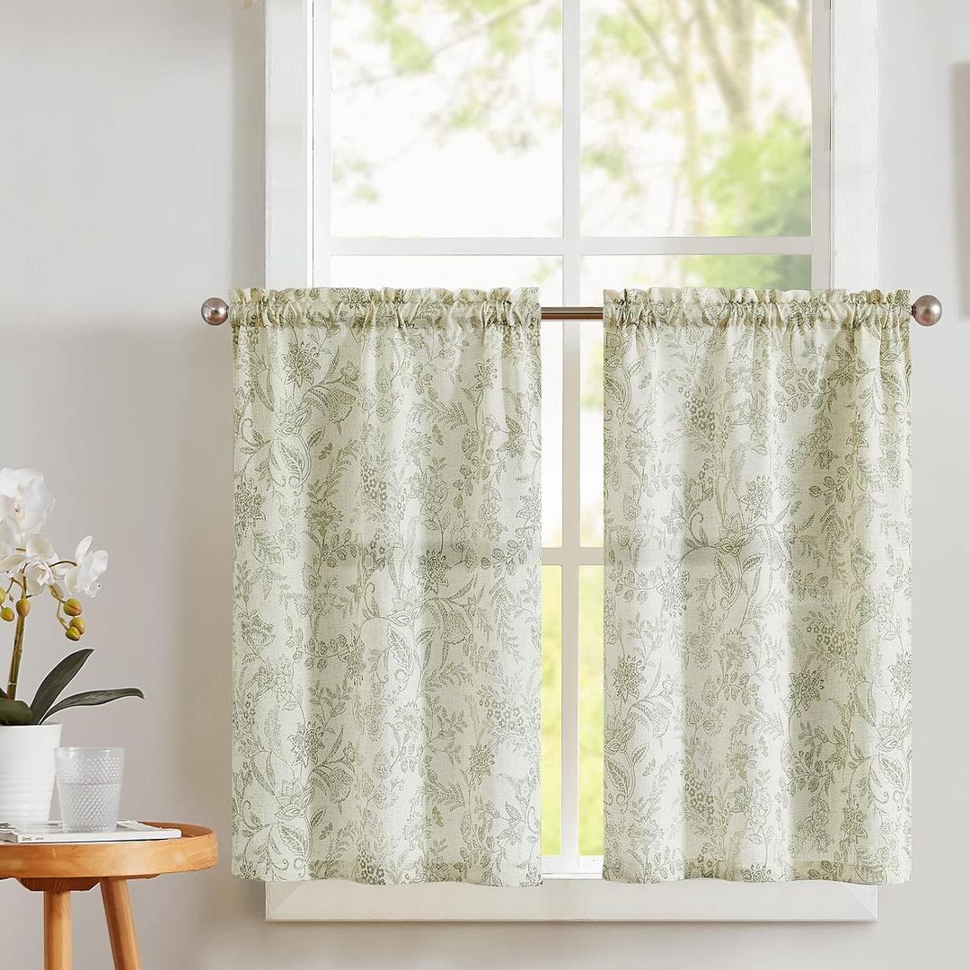 Vangao Farmhouse Kitchen Curtains Floral Print Cafe 24 Inch Length Linen Blend Tier Short Half Window Curtains Rod Pocket 2 Panels Green on Beige