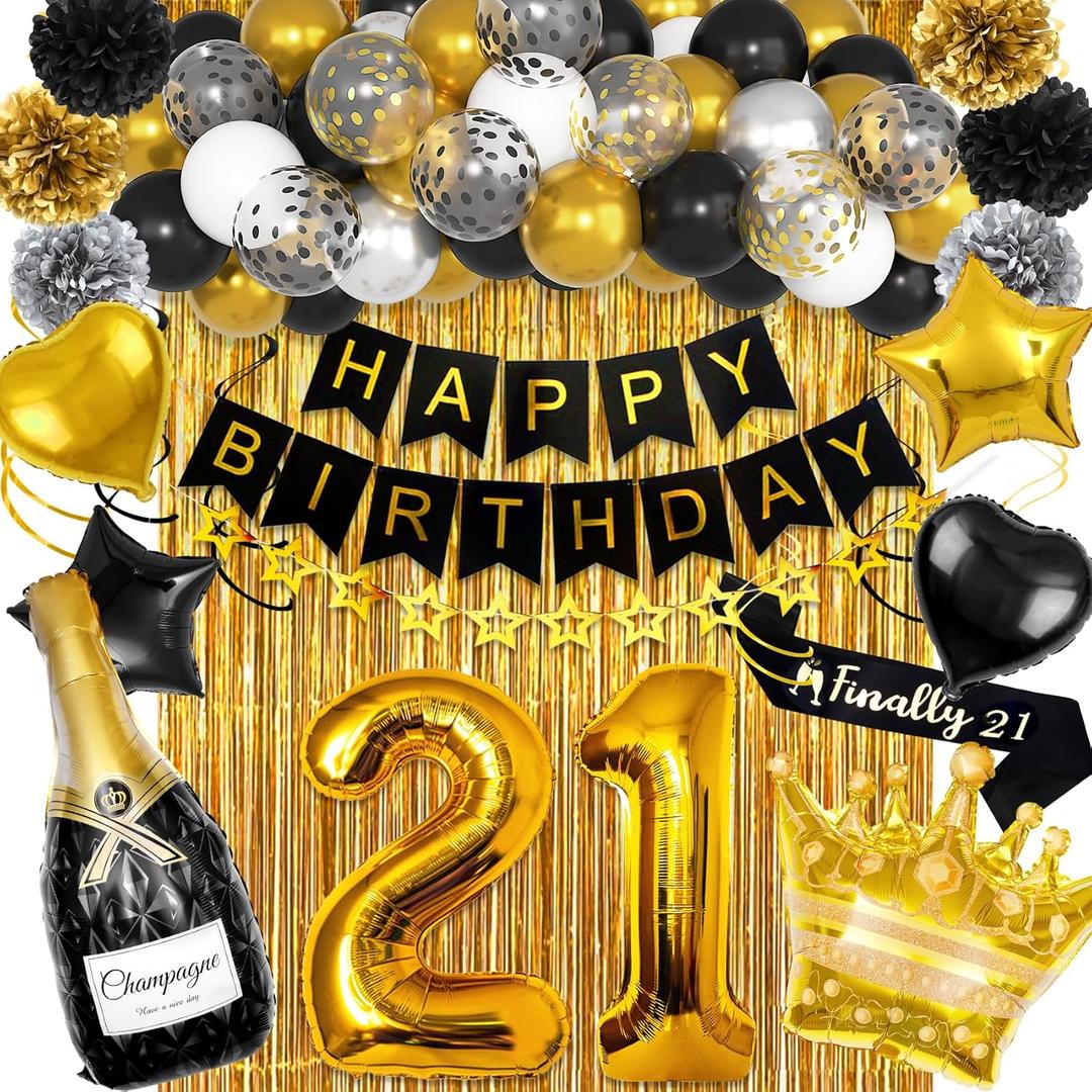 Ouddy Life 21st Birthday Decorations for Him - Black Gold Party Supplies for Men Boys, Heart Star "21" Foil Balloons, Happy Bday Star Banners, Fringe Curtain, Hanging Swirl for Birthday Anniversary