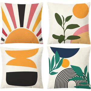Boho Abstract Pillow Covers Mid Century Modern Throw Pillow Covers Geometric Leaf Sun Bohemian Pillow Cases Cotton Linen Cushion Covers for Couch Bed Sofa Bedroom 18x18 Set of 4