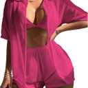 SHENHE Women's Sheer Swim Cover Up 2 Piece Set Kimono Shirt and Shorts Bikini Coverup (X-Large, Hot Pink)