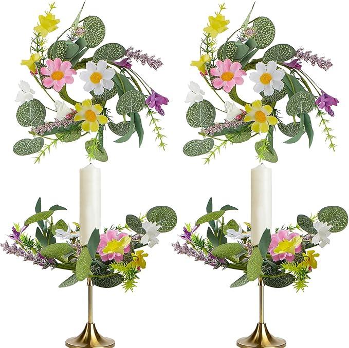 4 PCS Mini Floral Candle Rings Wreath 1.38" Artificial Wildflowers Flower Candle Holder Ring Spring Summer Table Centerpieces Candle Decorations Ring Candle Wreath for Home Church Wedding Party Decor