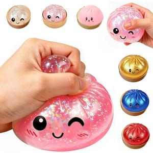 2026 Upgraded Dumplings Stress Balls Fidget Sensory Balls,Dumpling Squishies, Glitter Dumpling Mystery Box,Squeeze Dough Ball Stress Relief Hand with Food Steamer, Relaxation Gift ( Glitter Pink)