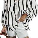 Maketina Women's Casual V Neck Striped Puff Sleeve Blouses Cotton Cute Loose Fit Flowy Button Down Shirts Black XL