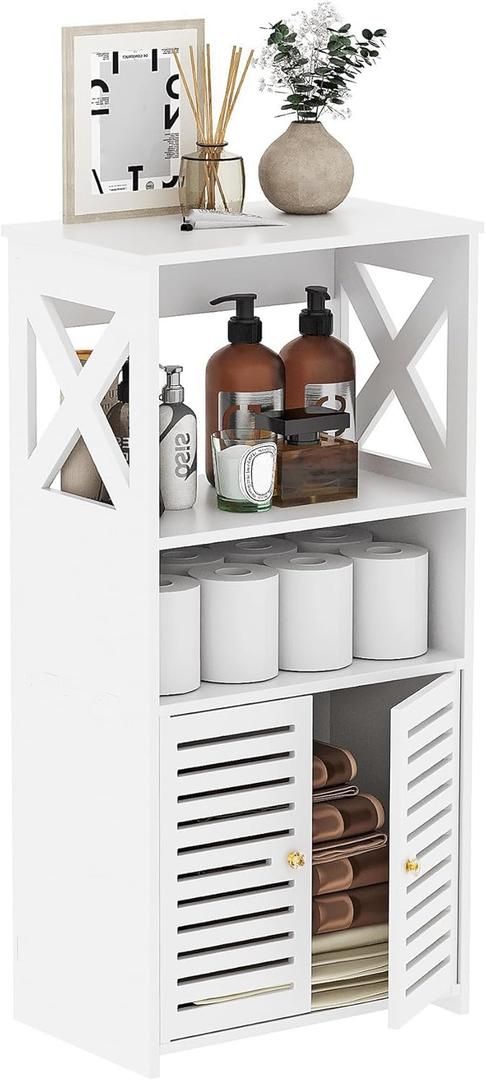 BYFU Bathroom Storage Cabinet, 4-Tier Small Floor Cabinet Freestanding Organizer with Door and Shelf for Living Room Hallway Kitchen Small Space, White