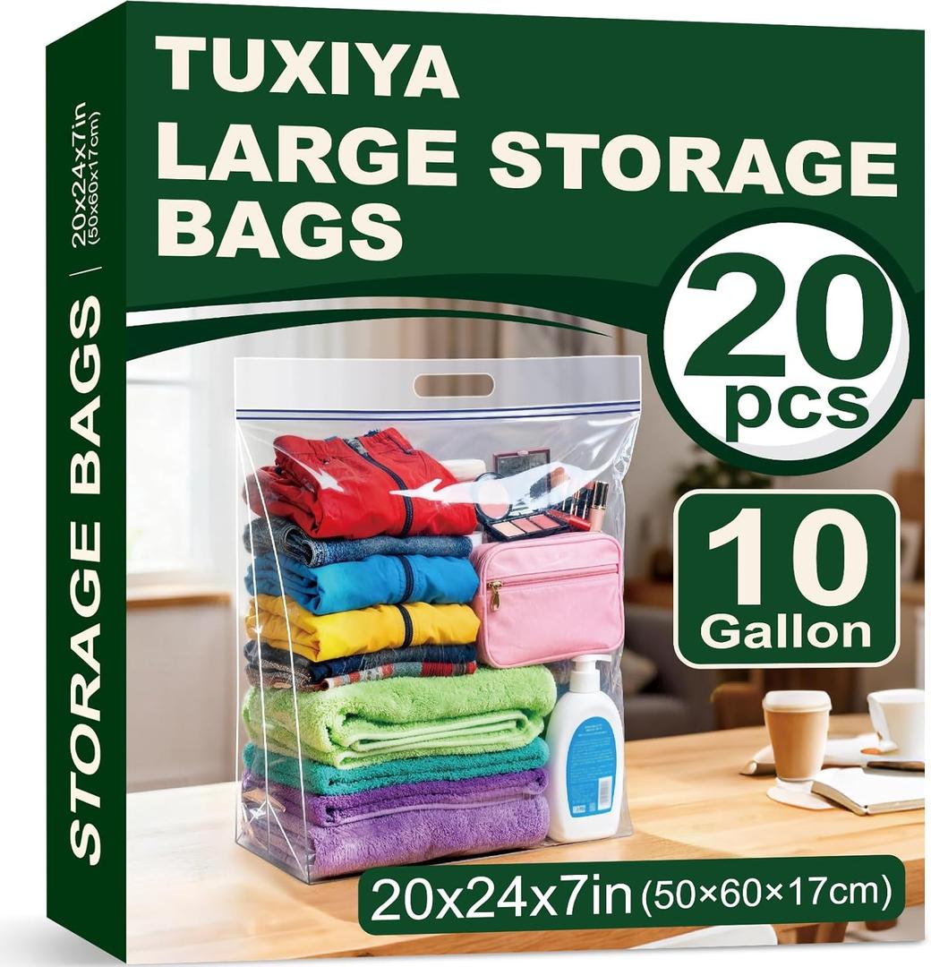 TUXIYA 20 PACK Extra Large Storage Bags, 10 Gallon 24"x20"x7", Resealable Clear Bags with Handle, XL Heavy Duty for Clothes Travel Moving, Double Zipper Seal, Expandable Bottom, Thick 8 Mils