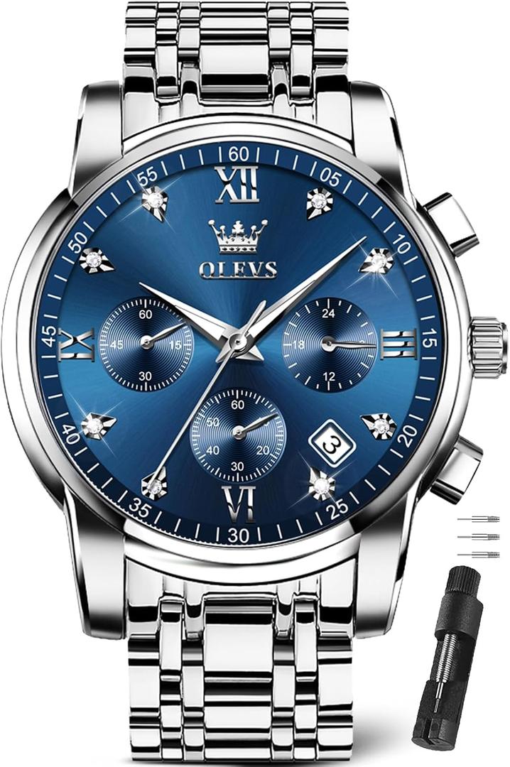 OLEVS Watches for Men with Date Luxury Big Face Waterproof Mens Wristwatch Analog Dress Two Tone Stainless Steel Man Watch Luminous Relojes De Hombre Calendar(Green/Blue/Black Dial