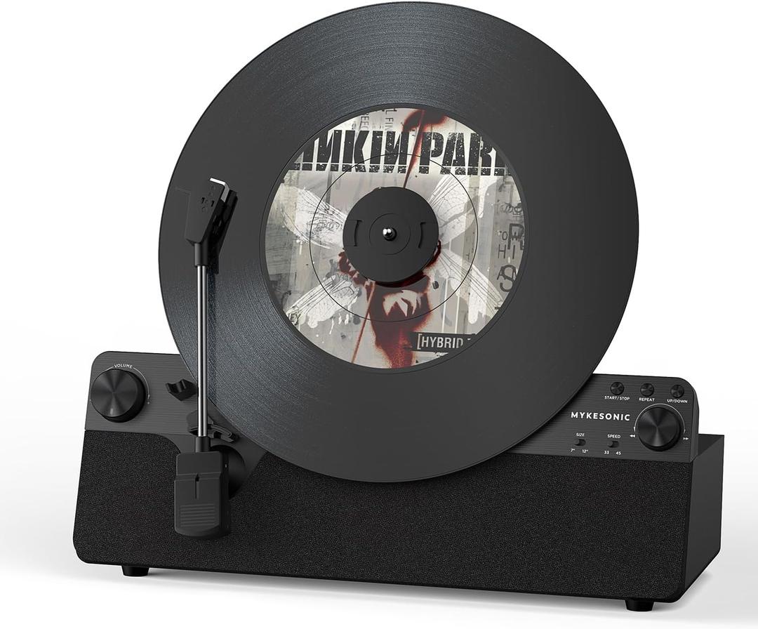 Vertical Automatic Record Player Bluetooth, MYKESONIC Belt Drive Vinyl Turntable, Magnetic AT-3600L Cartridge, Bluetooth in & Out, Hi-Fi Stereo Speakers, Aux in Headphone, RCA Out, Anti-Resonance